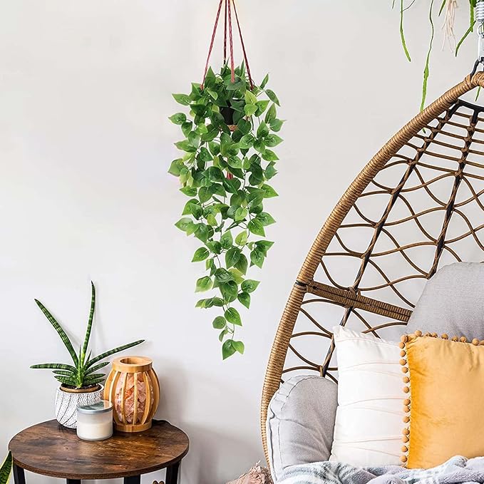 BLEUM CADE 1pcs Fake Hanging Plants Kit with Pot and Plant Hanger, Artificial Pothos Vines Hanging Potted Plant Greenery for Home Living Room Indoor Outdoor Decor
