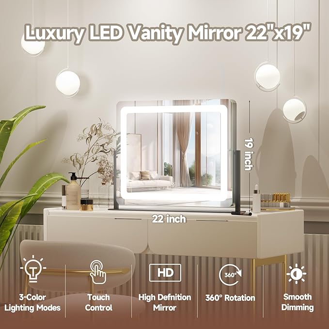 PRIMETEK Vanity Mirror with Lights, 22"x19" Large Makeup Mirror with Lights, LED Lighted Hollywood Makeup Mirror, Touch Sensor with 3-Color Lighting, Dimmable for Vanity Desk Tabletop, Bedroom, Black