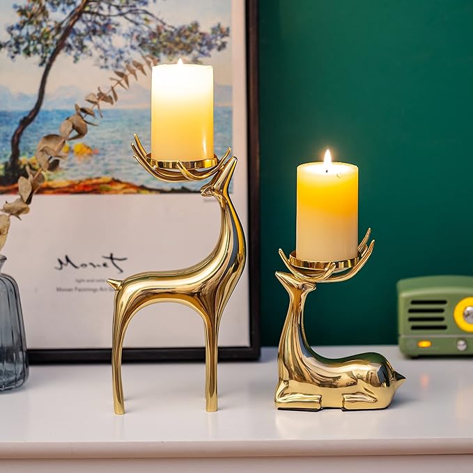 Sziqiqi Gold Reindeer Candle Holder for Pillar Candles Brass Reindeer Tealight Candle Holders Copper Deer Gift Christmas Decor for Table Centerpiece Living Room Mantle Decoration