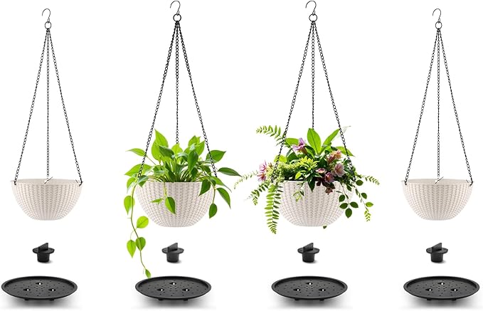 Hanging Planters for Indoor Outdoor Plants 8 and 10 Inch, 4 Packs Hanging Flower Pot with Drainage Holes, Self-Watering Hanging Basket Perfect for Home, Office and Garden, White