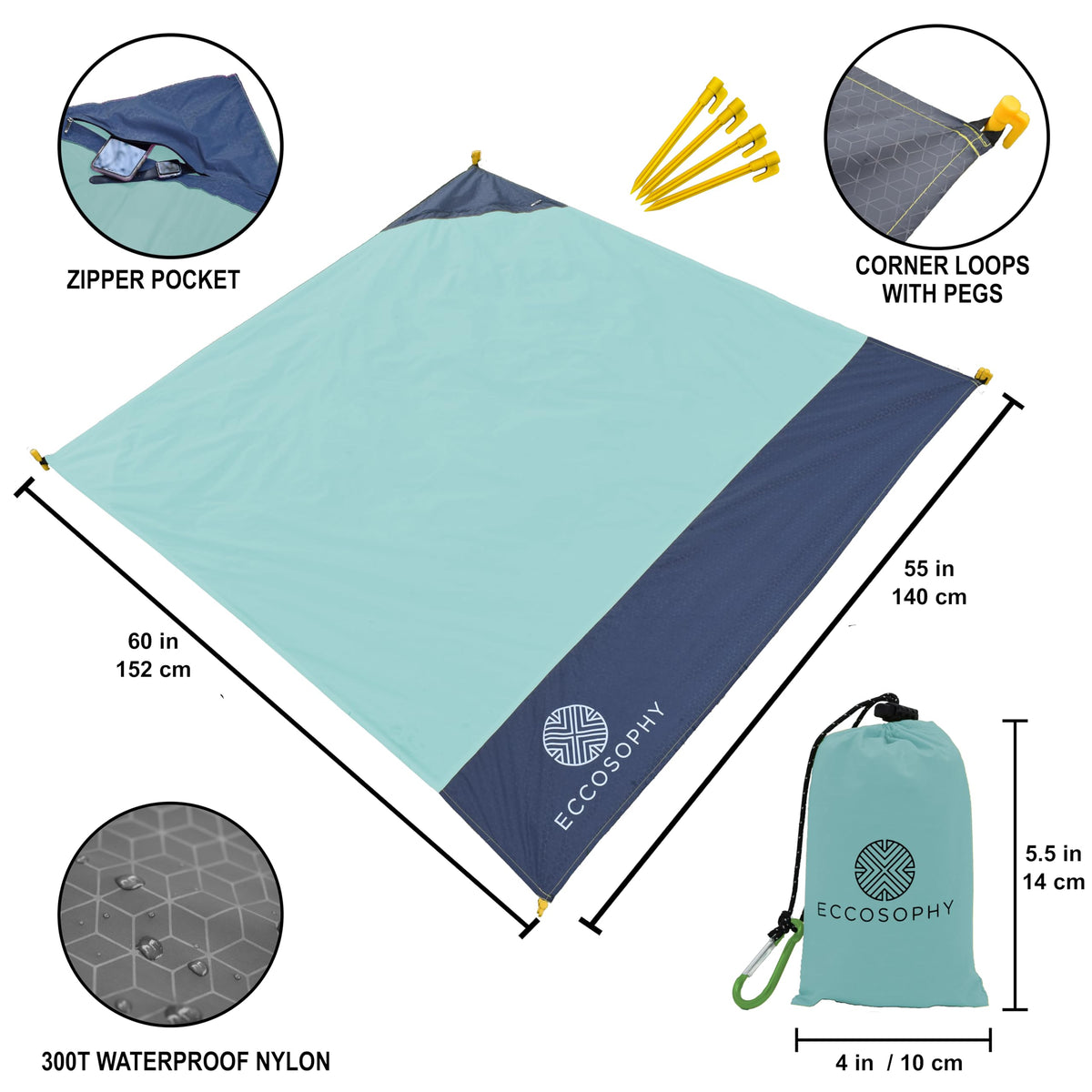 ECCOSOPHY Sand Proof Beach Blanket - Waterproof Picnic Blanket 60x55 Outdoor Compact Pocket Blanket Lightweight Ground Cover for Hiking Camping Festivals Sports Travel with Bag & Stakes (Pistachio)