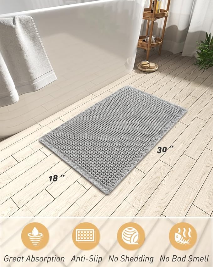 AMOAMI Upgraded Waffle Bath Mat, Super Absorbent Non Slip Bath Mats for Bathroom Floor, Machine Washable Bathroom Rugs with Tassels, Rubber Backed Bathroom Mats, Ultra Soft, 18" x 30", Grey