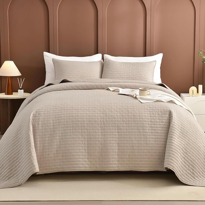 Sanracie Oversized King Quilt Bedspreads 128"x120" for Extra Bed, 100% Cotton California King Coverlet Quilt Set Linen Colored 3Pcs Lightweight Extra Large King Bed Quilt for All Season