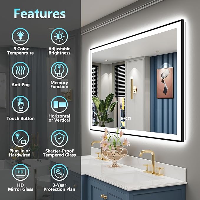 50x40 Inch Black Framed LED Bathroom Mirror with Lights, Backlit & Front Lit, Anti-Fog Lighted Vanity Mirrors for Bathroom Wall, Dimmable, 3-Color Light, Memory, Shatter-Proof, Tempered Glass