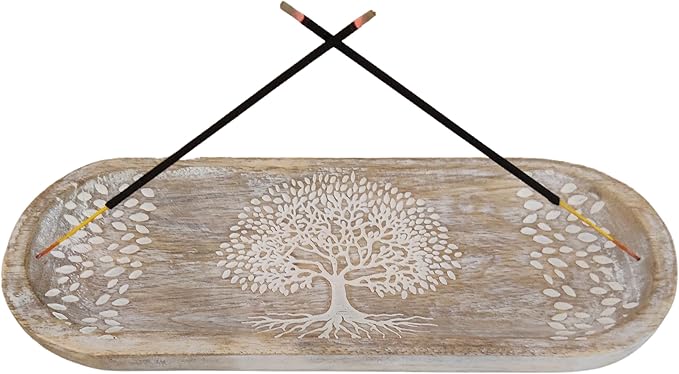 VANIYA CRAFTS® Wooden Handmade Tree of Life Design Boat Shape Incense Holder Stand Insence Tray for Sticks Home Decor Restaurant (11X4,Antique White)