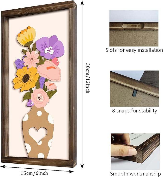 Kas Home 3D Floral Wall Art, 2 Set Rustic Wood Boho Flower with Vase Framed Wall Decor for Bathroom Living Room Bedroom Office Housewarming Gift, Ready To Hang Plaque Sculptures (White-P, 6L" x 12W", Framed)
