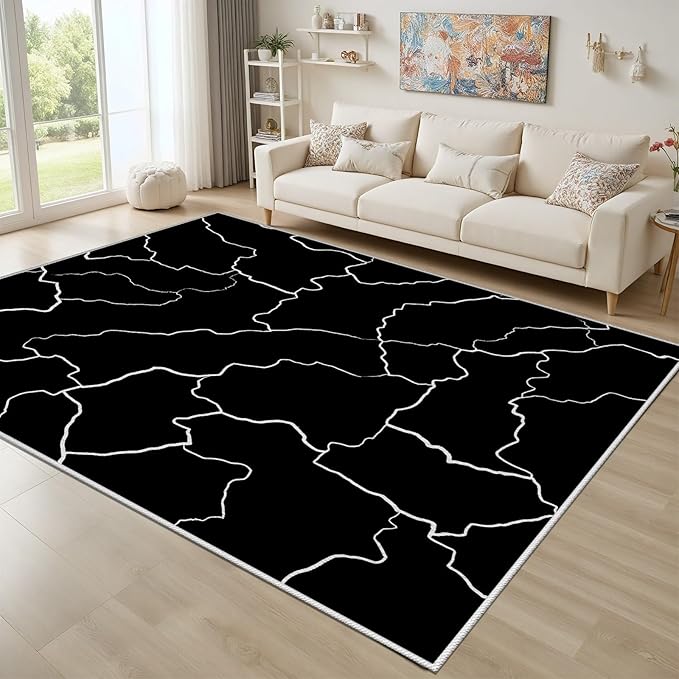 Abstract Rugs for Living Room - Modern Washable Area Rug, 5x6 Abstract Black and White Rug, Minimalist Rugs,Carpet Non Slip Home Decor