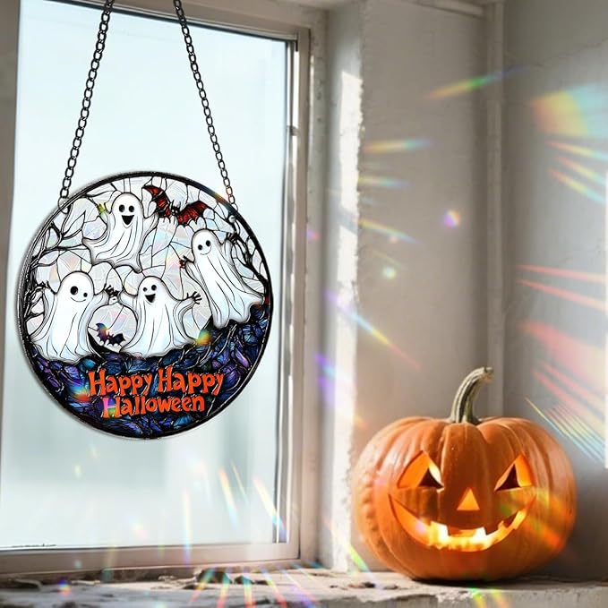 Halloween Sun Catcher - 8 Inch Round Suncatcher for Window Hanging Decoration - Creates Indoor Rainbows Light Refraction - Spooky Ghost, Witch, Pumpkin Design - Suction Cup Hook & Chain