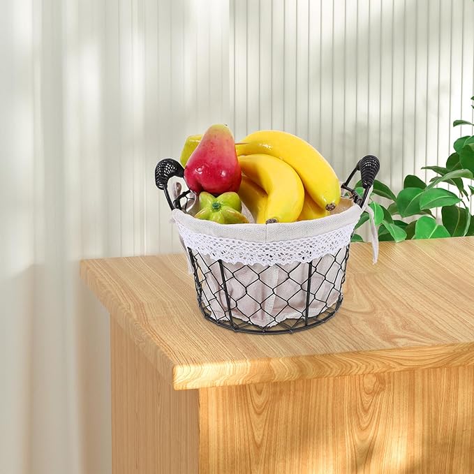 Wire Storage Basket with Handle and Fabric Liner Rustic Metal Bread and Fruit Basket for Kitchen Pantry Organization for Serving and Storage