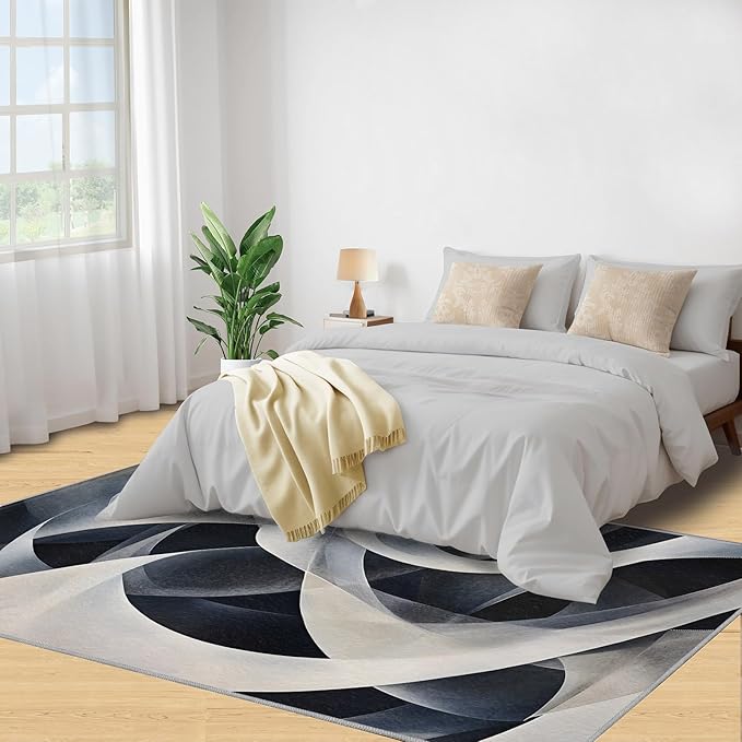 Abstract Lines Area Rug 5x6 Washable Rug Geometric Stripes Rugs for Living Room Minimalism Non Slip Carpet Floral Print Mat Bedroom Bathroom