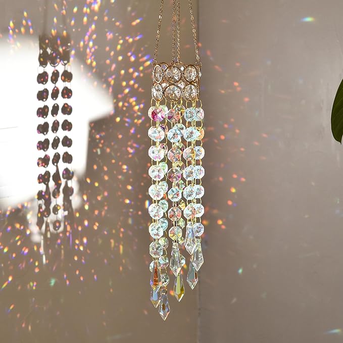 Hanging Window Garden Crystal Sun Catcher, Gold-Plated Sun Catcher for Indoor and Outdoor Decoration, Light Catcher, Party Crystals (AB Colour)