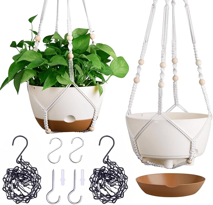 montresor Set of 2-8 Inch Hanging Planters for Indoor Plants with Self-Watering Includes Hanging Pots for Plants, Outdoor Plant Pot with Drainage, and 2 Types of Hanging Baskets Hangers (White)