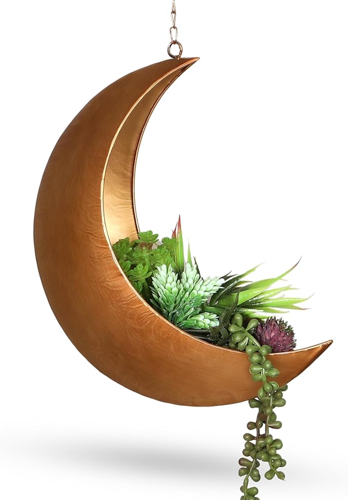 Gold Hanging Moon Planter – with Drain Holes - Moon Room Decor - Unique Planters for Succulents,Air Plant, Cactus, Artificial Plants- Plant Lover Gifts - Boho,Hippie, Birthdays,Witchy Gifts for Women