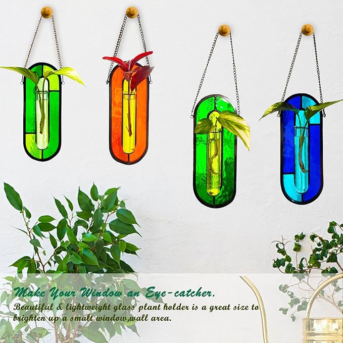 LITMIND Multi-Color Stained Glass Propagation Station - Handcrafted Translucent Suncatcher Planter with 2 Tubes, Hanging Hydroponic Décor for Windows & Garden