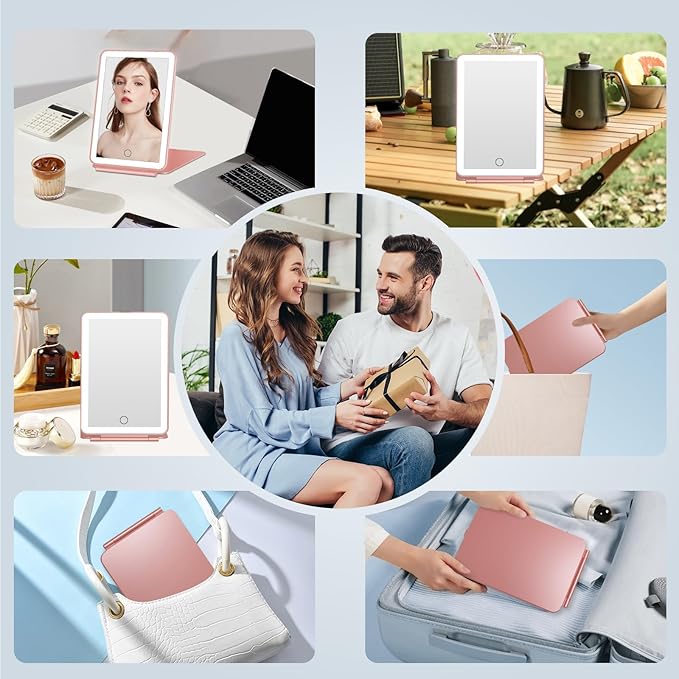 FUNTOUCH Rechargeable Travel Makeup Mirror with 72 Led Lights, Portable Lighted Beauty Mirror, 3 Color Lighting, Dimmable Touch Screen, Tabletop LED Folding Cosmetic Vanity Mirror
