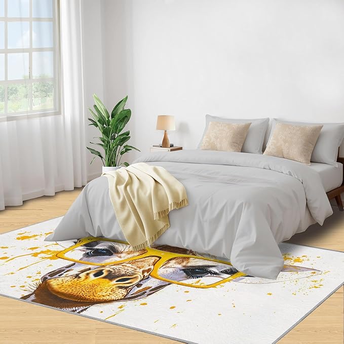 Giraffe 5x7 Area Rugs for Living Room, Funny Animals Washable Non Slip Rugs, Pop Art Low Pile Print Rug for Bedroom, Dining Room, Home Office