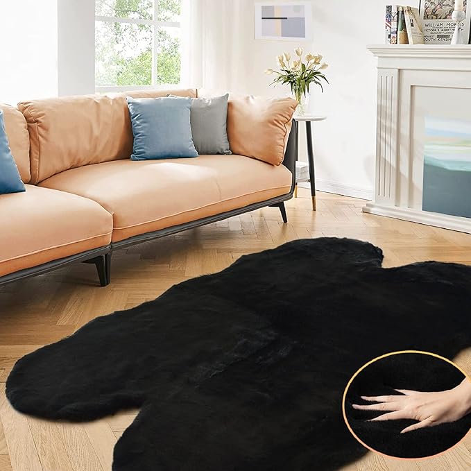 Faux Bunny Fur Rug Plush Area Rugs Machine Washable Black 4x6 Shag Area Rug for Bedroom Faux Sheepskin Rug for Living Room