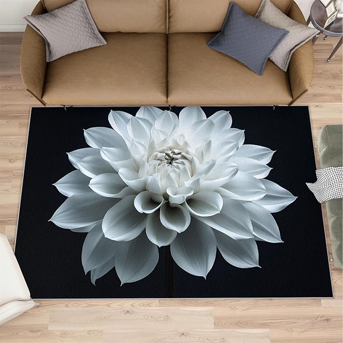Petals Washable Area Rugs 5x8 Non-Slip Dahlia Living Room Rug White Flower Soft for Carpet Low Pile Indoor Door Mat & Room Decor