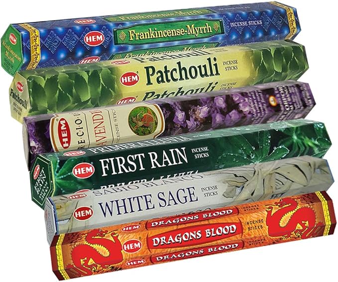 Hem Incense Sticks Variety Pack #23-120 Insence-Sticks (6 Incents x 20 Insense) + Incense Stick Holder with 6 Most Liked Scents Including Patchouli Dragons Blood White Sage Frankincense-Myrrh
