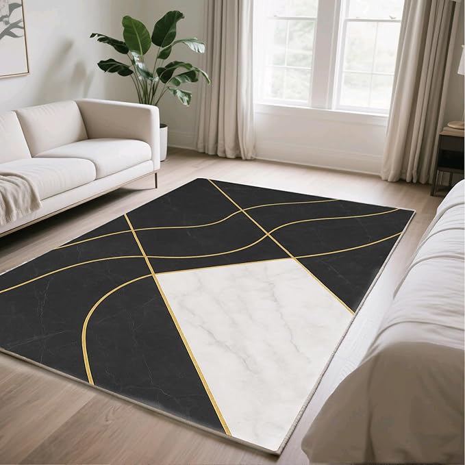 Geometric Marble Rug - 6x8 Area Rug, Abstract Lines Rugs, Luxury Marble Dining Room Rugs, Washable & Non Slip Large Carpet Home Decor