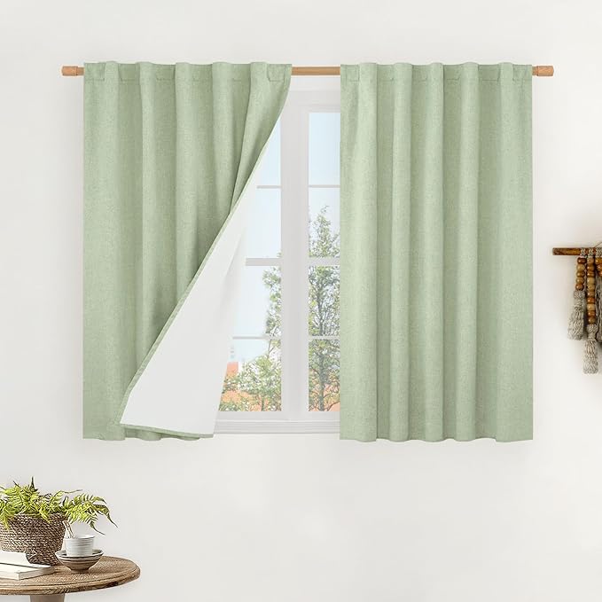 LAMIT 100% Blackout Linen Curtains for Cafe, 40 Inch Length Linen Textured Thermal Curtains Back Tab and Rod Pocket Neutral Panels with White Liner for Kitchen, 2 Panels, 42 x 40 Inch, Light Green
