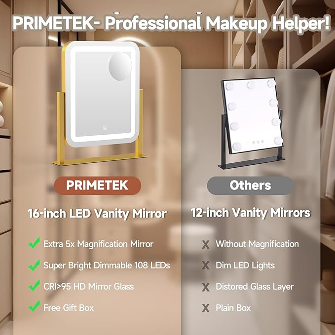PRIMETEK Vanity Mirror with Lights, 16"x14" Large LED Lighted Makeup Mirror, Hollywood Makeup Mirror, Touch Screen, 3-Color Lighting, 5X Magnification, for Vanity Desk Tabletop, Bedroom, Gold