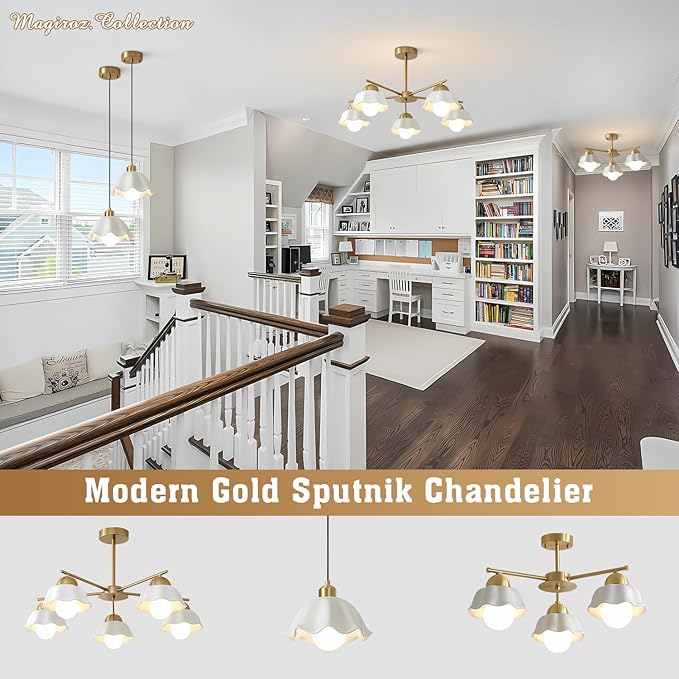 5-Light Modern Chandelier Large Opal White Glass Sputnik Pendant Light Fixture Brass Semi Flush Mount Ceiling Light Vintage Living Room Close to Ceiling Chandelier Light for Bedroom MCL08-5 GD