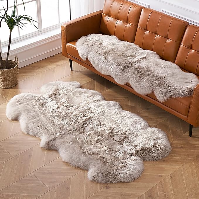 HUAHOO Premium Genuine Sheepskin Rug Linen Real Australia Sheepskin Natural Luxury Fluffy Lambskin Fur Area Rug Seat Covers for Kids Bedroom Sofa Chair Cover Pets Dogs Mat Quarto Pelt/4' x 6' Linen