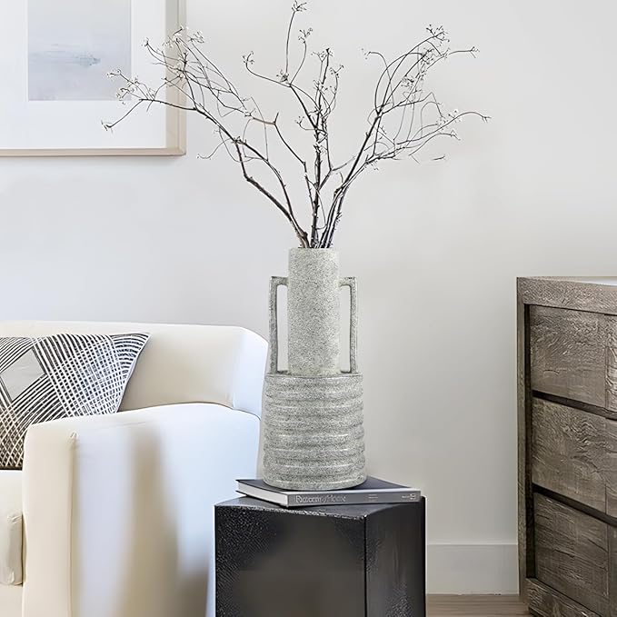 Hollyone Large Vintage Ceramic Vase with 2 Handles, 15.6" Tall Silver-Toned Antique Rustic Decorative Floral Grey Vases for Flowers Home Table Centerpiece Shelf Living Room Entryway Farmhouse Decor
