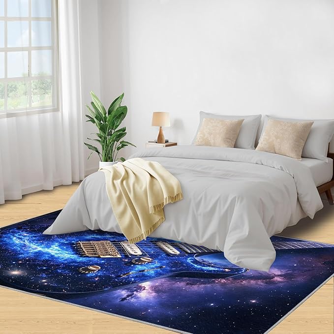 Guitar 5x7 Area Rugs for Living Room -Musical Instruments Washable Rug Starry Sky Non-Slip Carpet Indoor Floor Stain Resistant Thin Carpets for Bedroom Dining Room Home Office