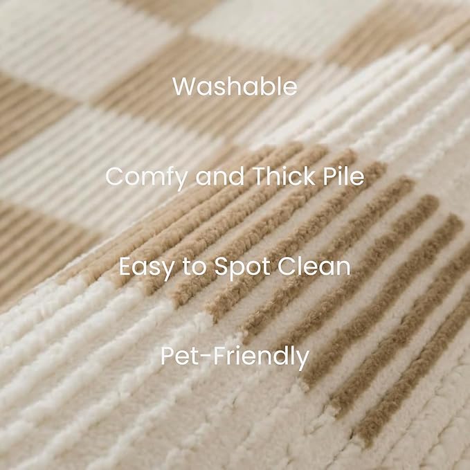Revival Rugs Gambit 7'10"x10' Checkered Rug Washable Area Rug for Living Room Bedroom - 100% Recycled Oeko-TEX Certified, Medium Pile, Camel, Beige