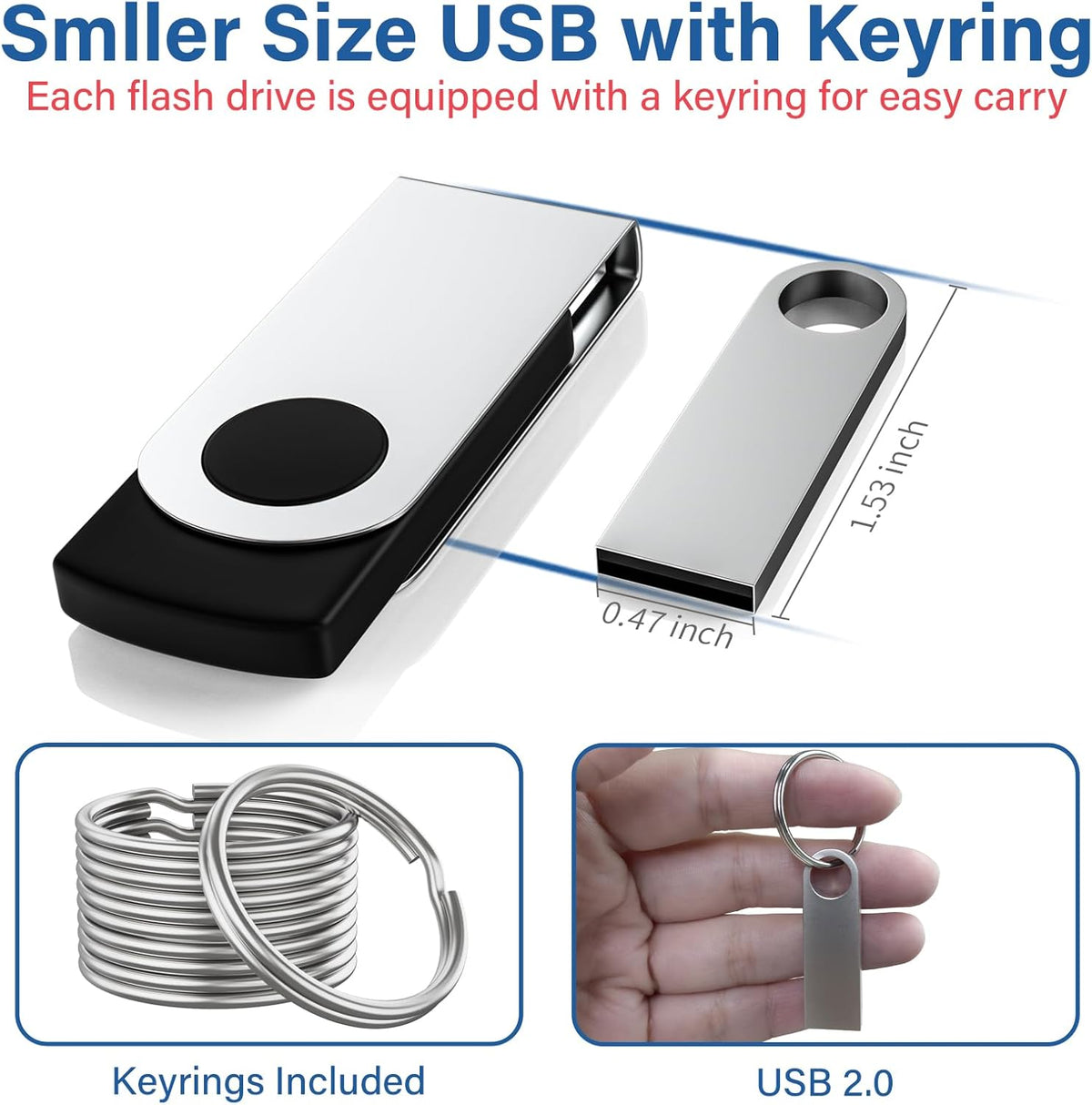 Wooolken 8GB 2 Pack 2.0 USB Flash Drive with Keychains, Sleek Metal USB Thumb Drives Memory Stick for PC Laptop