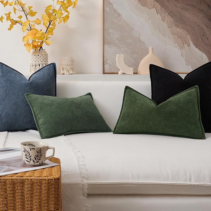 Kevin Textile Waterproof Decorative Pillow Covers Moss Green 12x20 Inch Pack of 2 Soft Boucle Textured Lumbars Cushions Elegant Accent Pillows for Couch Sofa Chair Bed Home Decor Indoor Outdoor