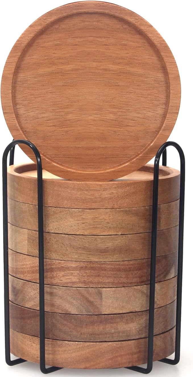 Rustic Wooden Coasters Set of 8 Farmhouse Coffee Table Decor Acacia Wood Drink Coaster with Holder Modern Outdoor Bar Cool Cup Costers Kitchen Accessories Decoration Home Dining Coasters Gift