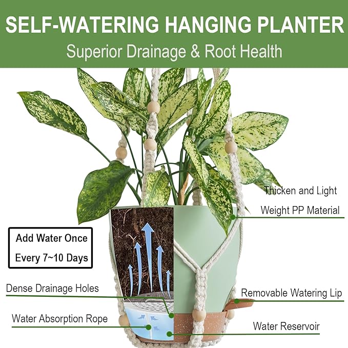 Larege Hanging Planters with Macrame Plant Hangers for Indoor Outdoor Plants 3 Set 10" / 8" / 7" Self Watering Pots Hanging Baskets Flower Pot Holders 3 Different Size Green Large