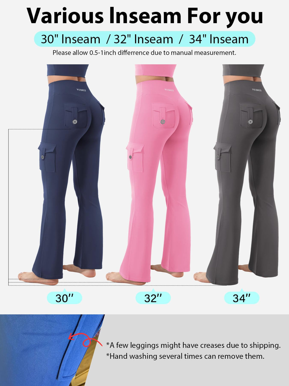 YEOREO CoreFlex Women Workout Flare Leggings with Pockets Hidden Scrunch High Waisted Cargo Gym Yoga No Front Seam Leggings Pink S