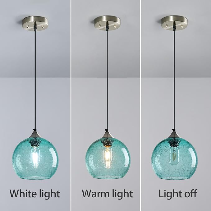 Light Blue Glass Pendant Lights Kitchen Island Lighting Globe Pendant Light Fixtures Modern Pendant Lighting for Bedroom Living Dining Room Light Fixture (7.87 in, 1 Pack)