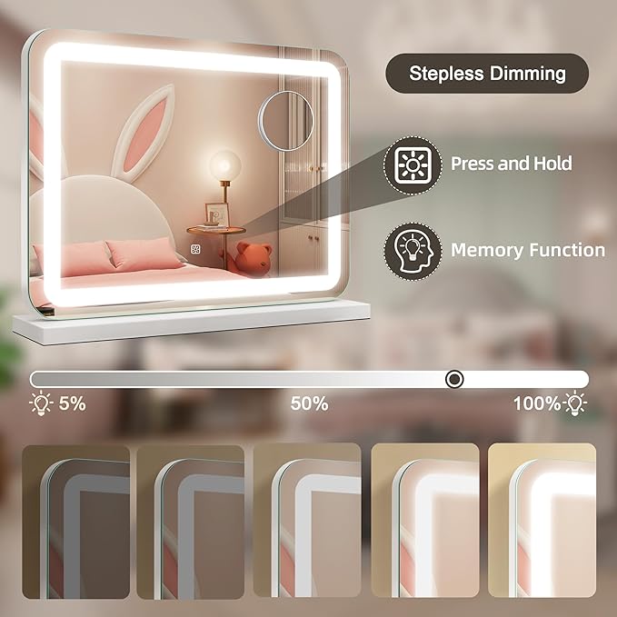 STARLEAD 22.8" x 18.2" Makeup Mirror with Lights and 10X Magnification, 3-Color Dimmable LED Lighting & Touch Control, USB Charging Port for Travel/Dressing Room