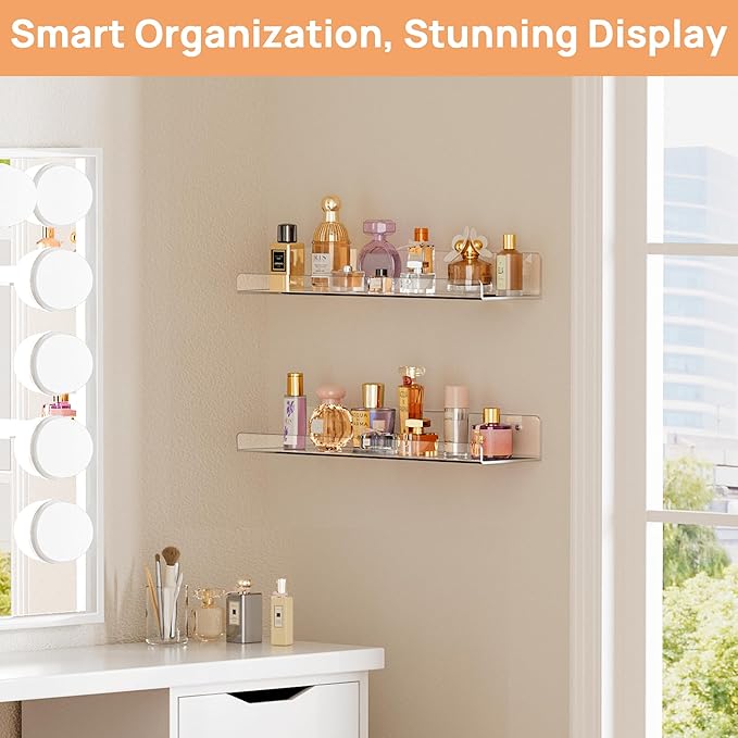 upsimples Acrylic Shelves for Bathroom Storage, 15" Floating Shelves Wall Organizer for Perfume, Make up, Skincare, Kids Bookshelf for Bedroom, Nursery, Living Room Decor, Clear, 2 Pack