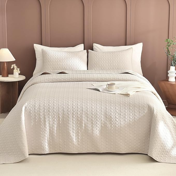 Sanracie Oversized King Quilt Bedspreads 120"*120",100% Cotton Bedding Coverlet Circular Quilting Wheat Colored Extra Large Wide California King Quilt Sets Oversized for All Season Soft Lightweight