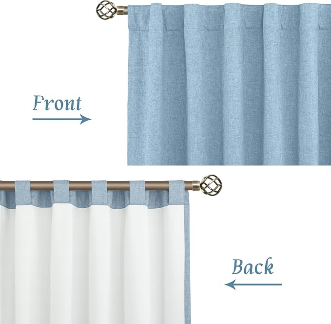 LAMIT 100% Blackout Linen Curtains 63 Inches Long, Linen Textured Living Room Farmhouse Curtains Full Room Darkening Back Tab and Rod Pocket Panels with White Liner, 2 Panels, Stone Blue, 60 x 63 Inch