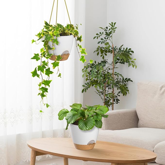 ZMTECH 6.5 Inch Hanging Planters for Indoor Outdoor Plants, 2 Pack Self Watering Hanging Plant Pots with Drainage Holes and Removable Saucer, Plastic Flower Hanging Pots with Watering Lip (White)