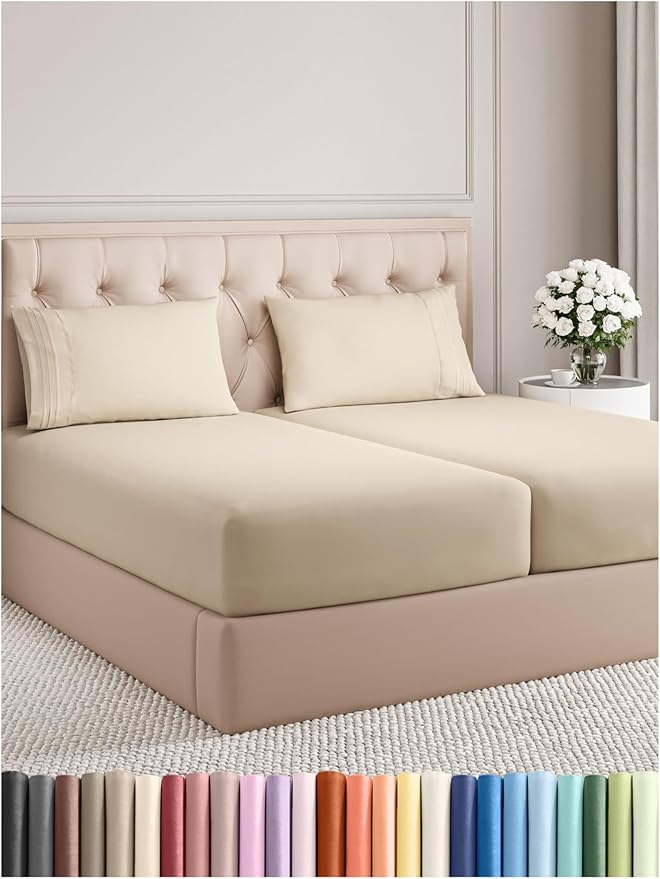 Split King Size 5 Piece Sheet Set - Comfy Breathable & Cooling Bed Sheets Set - Hotel Luxury Bedding for Women, Men, Kids, Teens, Boys & Girls - Deep Pockets, Soft and Wrinkle Free - Oeko-Tex - Wheat