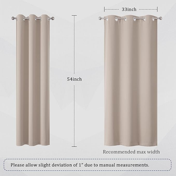 DUALIFE 54 Inch Taupe Blackout Curtains for Bedroom Short Windows Solid Blackout Curtain Panels Thermal Insulated Grommet Top Room Darkening Curtains for Bedroom 38 x 54 Inch Length Light Brown