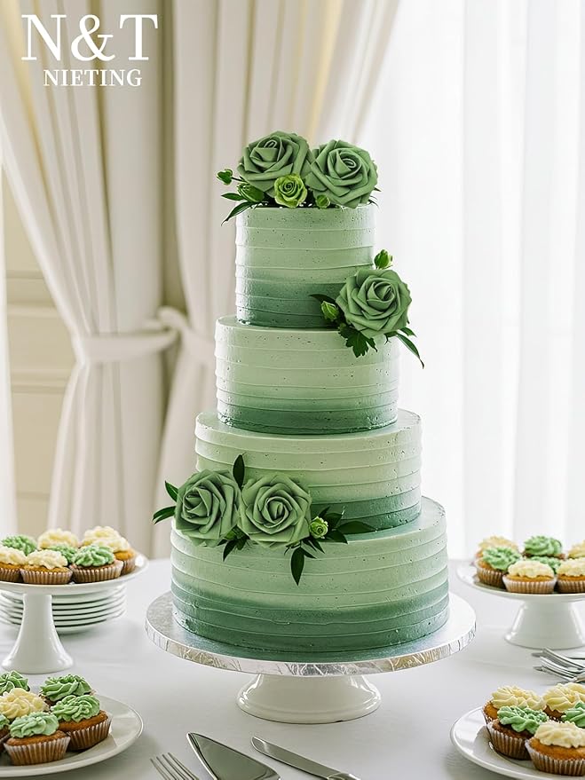 N&T NIETING Artificial Flowers Roses Army Green Foam Rose 50pcs Fake Flowers with Stem for DIY Wedding Bouquets Centerpieces Bridal Baby Shower Party Home Shower Arrangement Decoration
