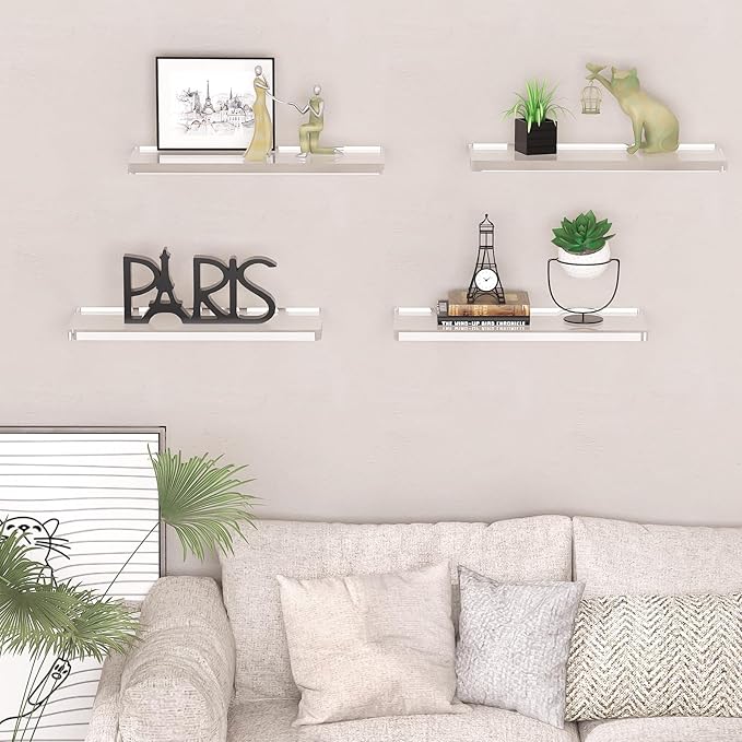 4 Tier Acrylic Floating Shelves for Wall 15.5 Inch Clear Invisible Storage Set Wall Mounted Organizer for Bathroom Kitchen Living Room Bedroom Holds 15lbs