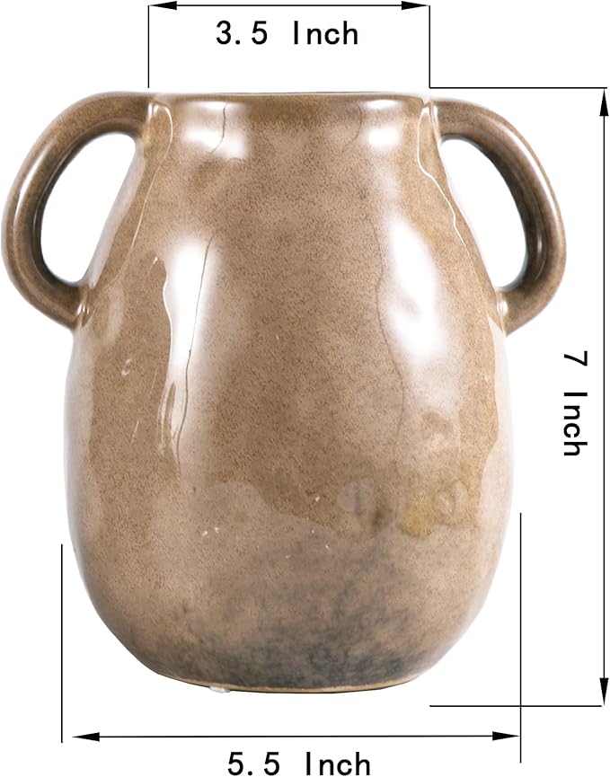 Brown Ceramic Vase with 2 Handles, Modern Farmhouse Decor, Rustic Terracotta Pottery, Decorative Flower Vases, Clay Small Vase, Centerpiece for Dining Table - 7 Inch Tall