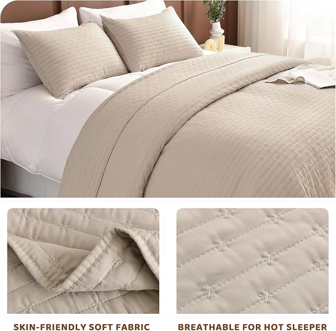 Sanracie Oversized King Quilt Bedspreads 128"x120" for Extra Bed, 100% Cotton California King Coverlet Quilt Set Linen Colored 3Pcs Lightweight Extra Large King Bed Quilt for All Season