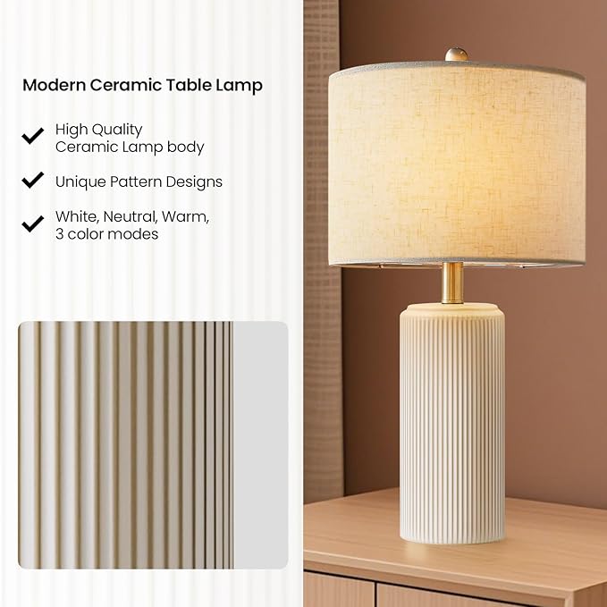 23" Ceramic Table Lamp Set of 2, 3-Level Dimmable Farmhouse Bedside Lamps for Bedroom, Nightstand Lamps for Living Room, Rustic End Table Desk Lamps with Rocker Switch, LED Bulb Included