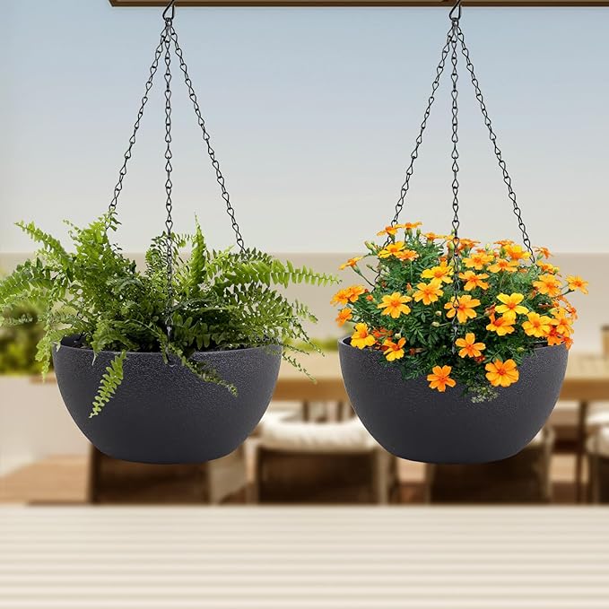 10 inch Hanging Planters for Indoor Outdoor Plants, 2 Pack Hanging Flower Pots with Drainage Holes and Chain for Garden Porch, Round Plastic Hanging Baskets for House Plants, Black